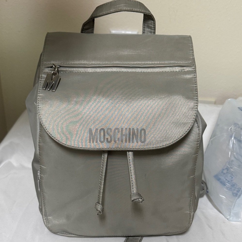 Moschino Silver-Gray Logo Nylon Drawstring Backpack